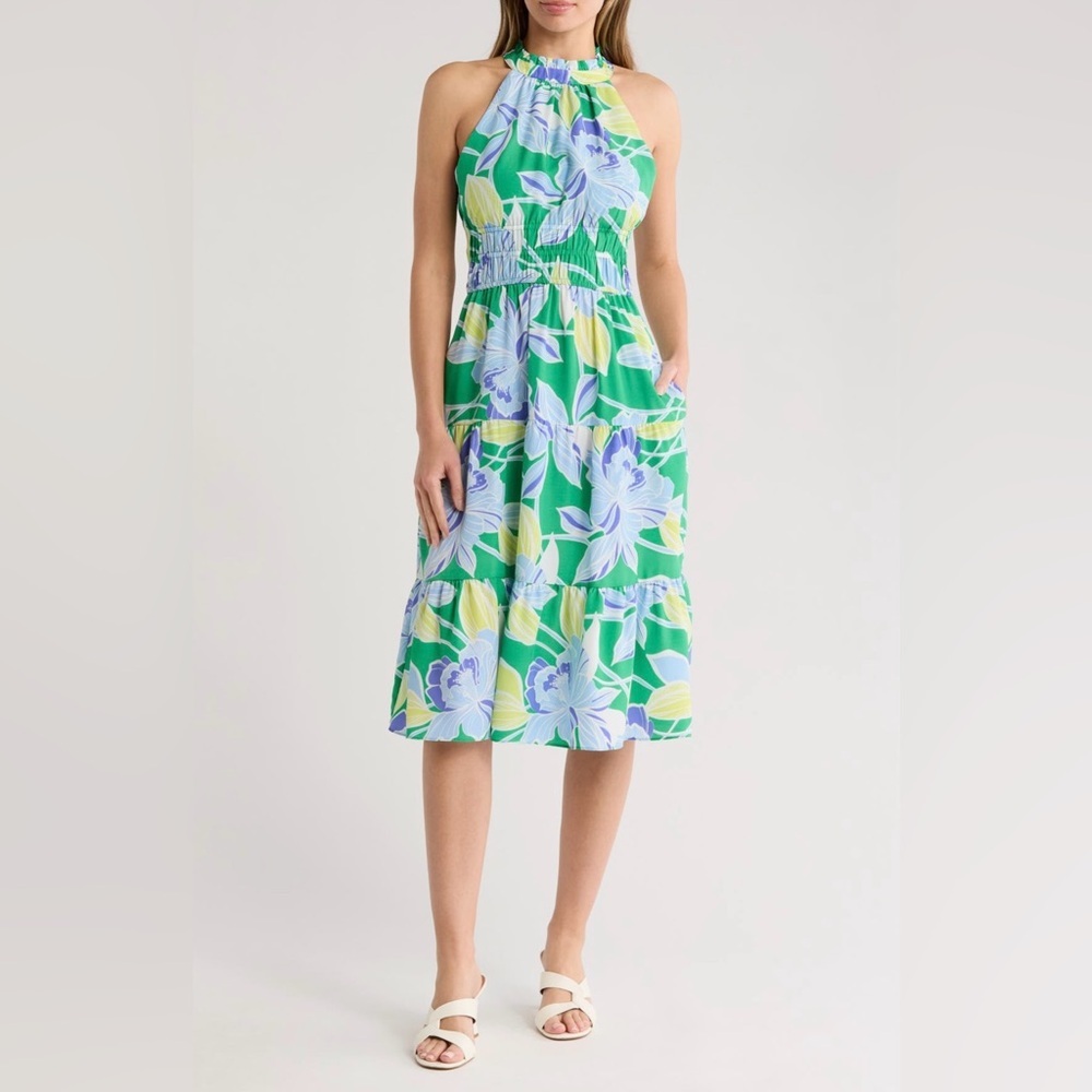 Eliza J Halter Tiered Midi Dress in Green Multi Tropical Print